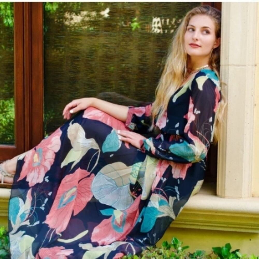 Anthropologie Aakaa Formal Maxi Dress Sz Small BLACK PINK Floral Wedding Elegant - Picture 3 of 15